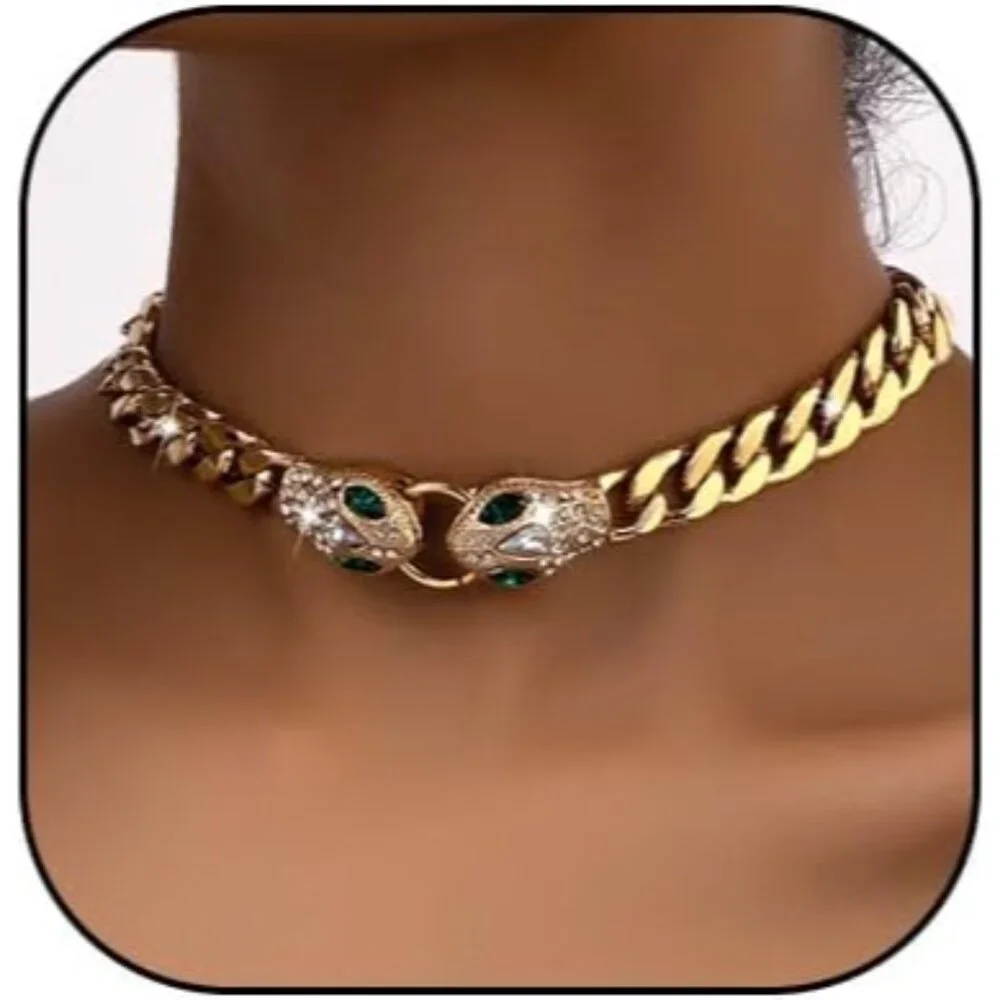 Animal Snake Choker Necklace Rhinestone Cuban Link Gold Jewelry for Women